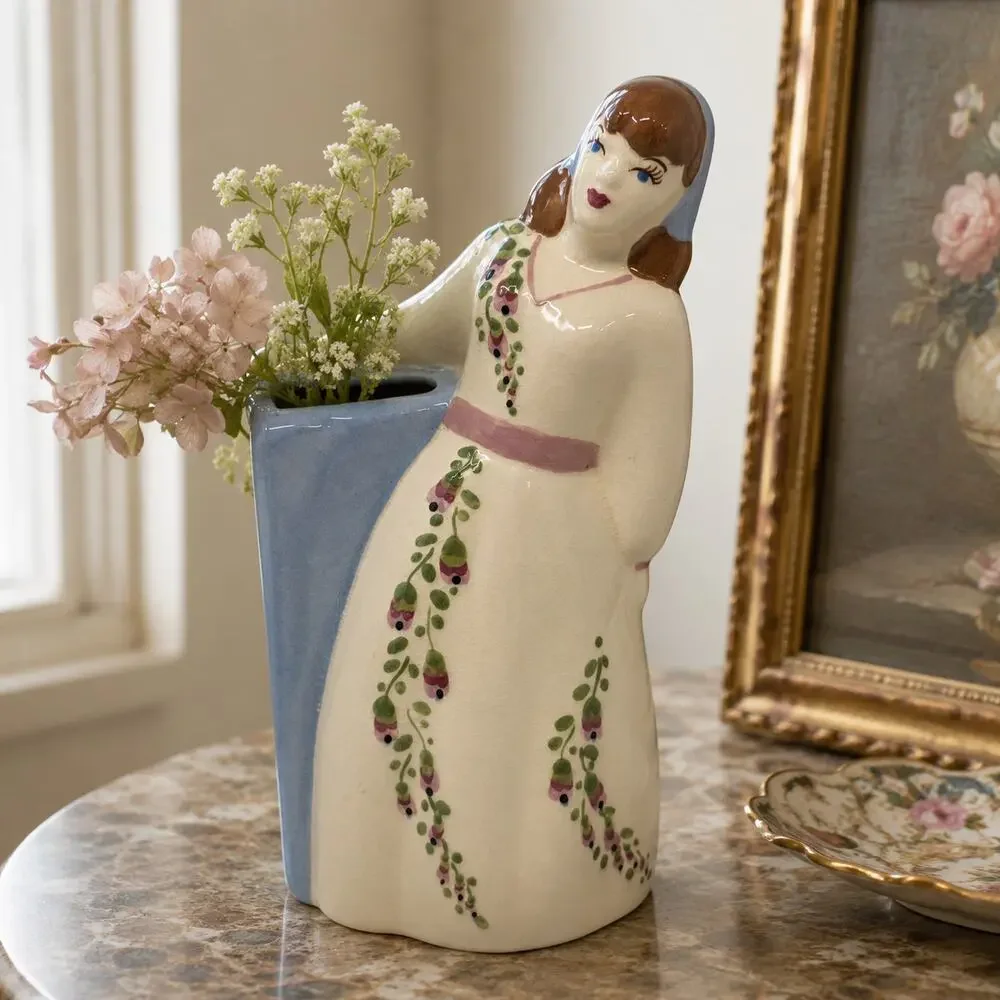 Vintage Art Deco Style Lady Figural Vase Planter Hand Painted Ceramic 9.75